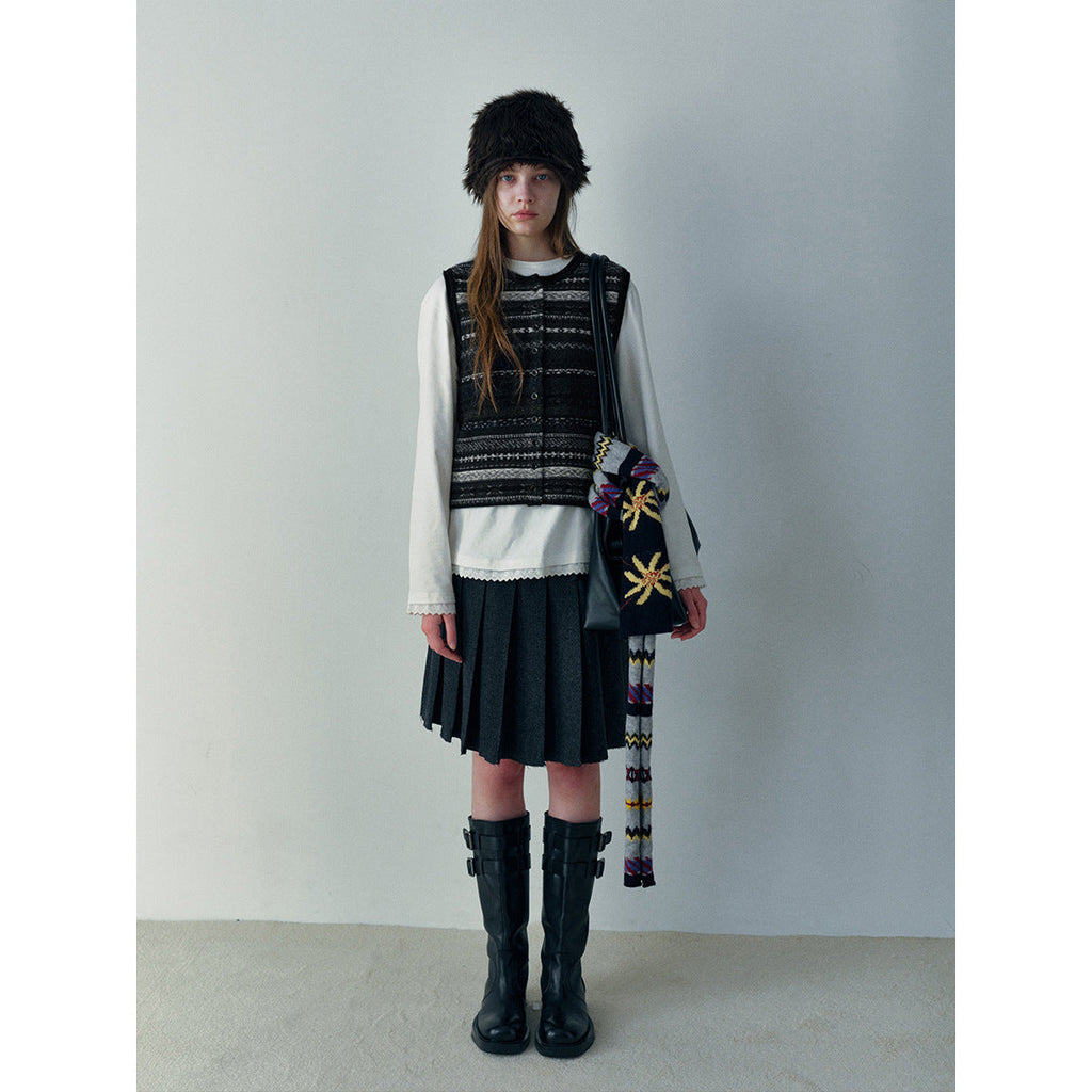 Winter new casual crew neck wool Fair Island floating thread jacquard cardigan vest