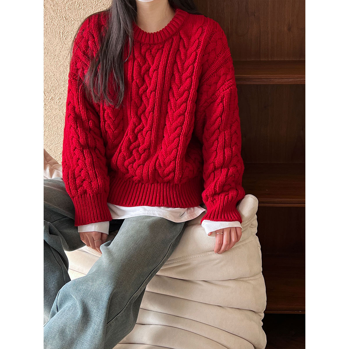 Thickened twist sweater women's autumn and winter new loose lazy Christmas atmosphere red top