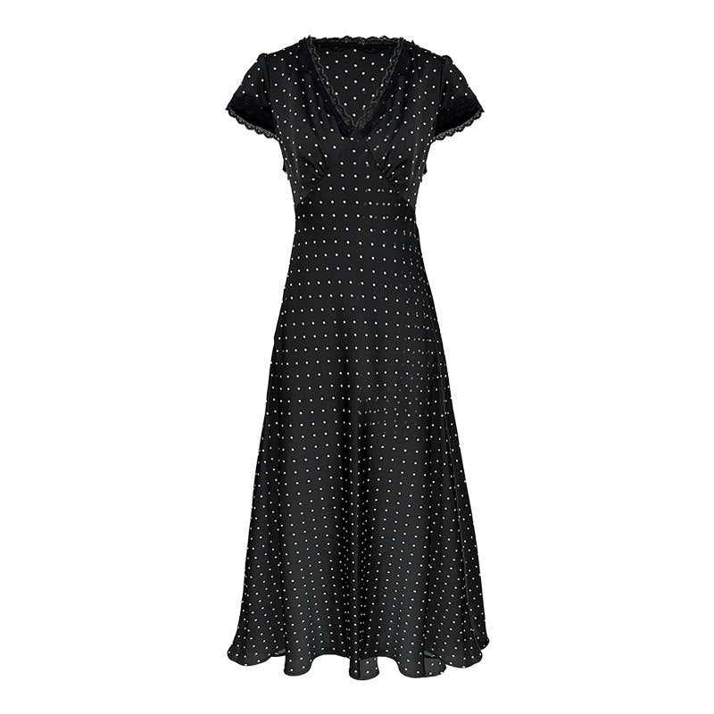 French V-neck lace splicing dress women's summer new polka dot temperament waist and thin dress