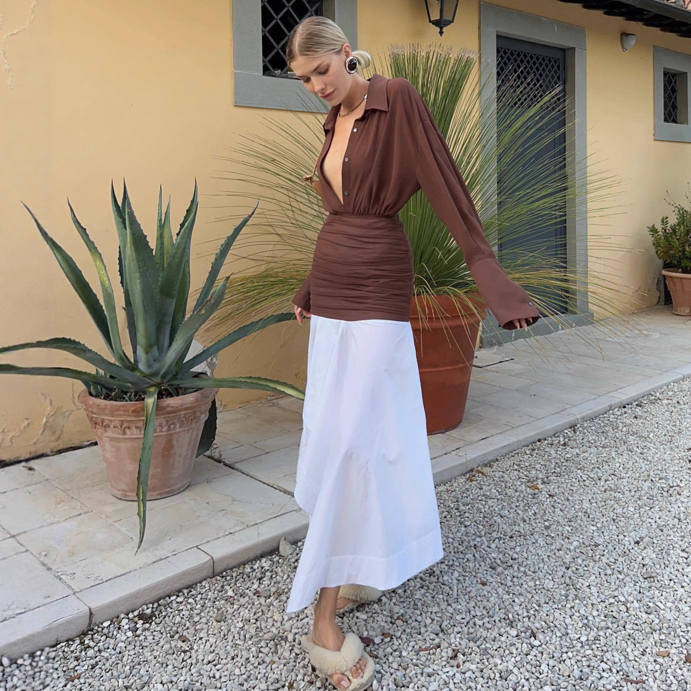 Fashion stitching irregular long dress pleated waist sexy dress