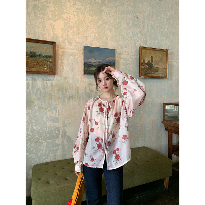 Romantic coffee break beautiful rose print chiffon shirt