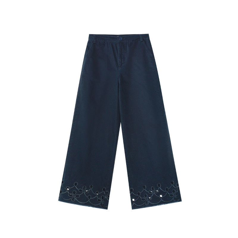 Age-reducing versatile hollow lace mid-rise straight casual pants