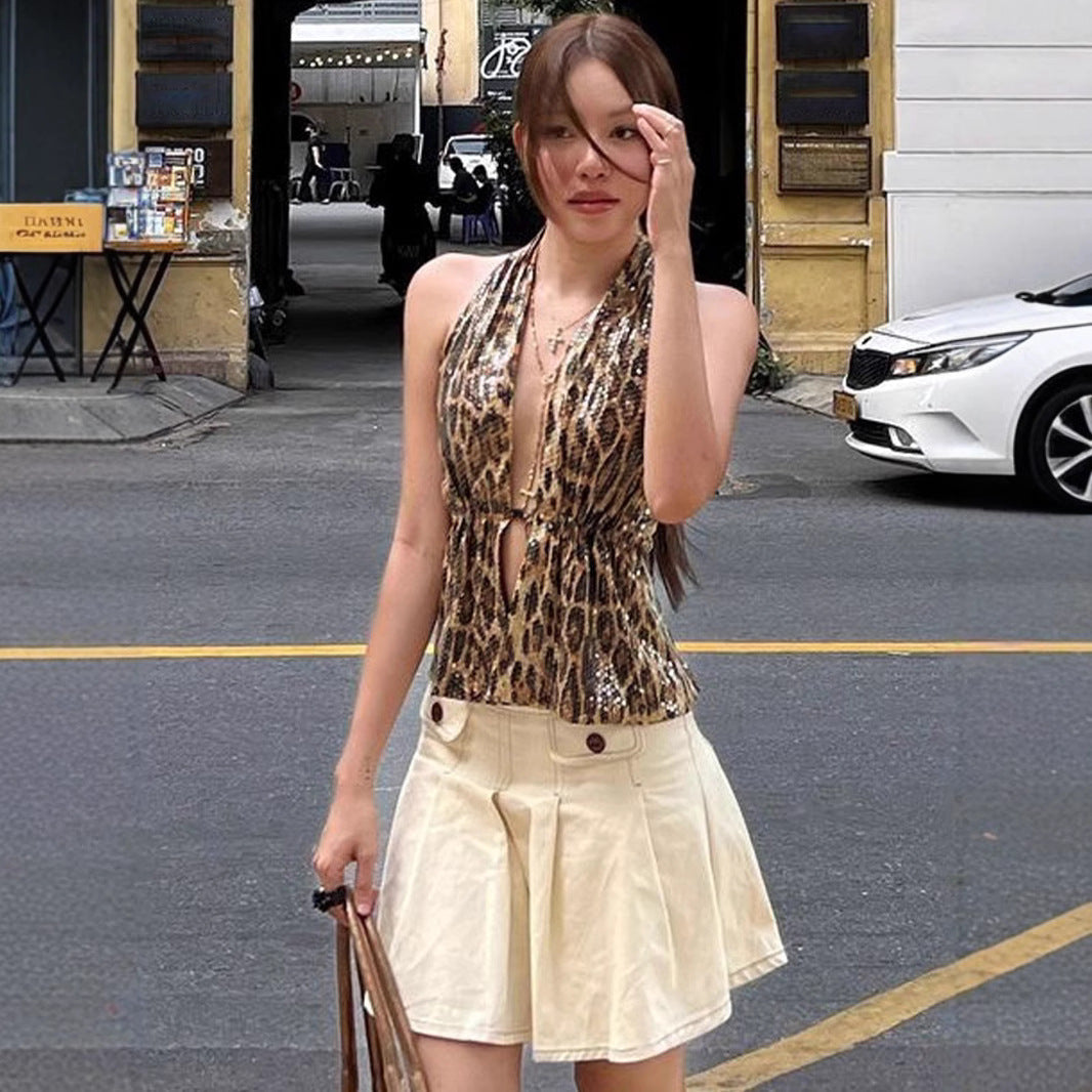 Sequin Leopard Print Halter Top