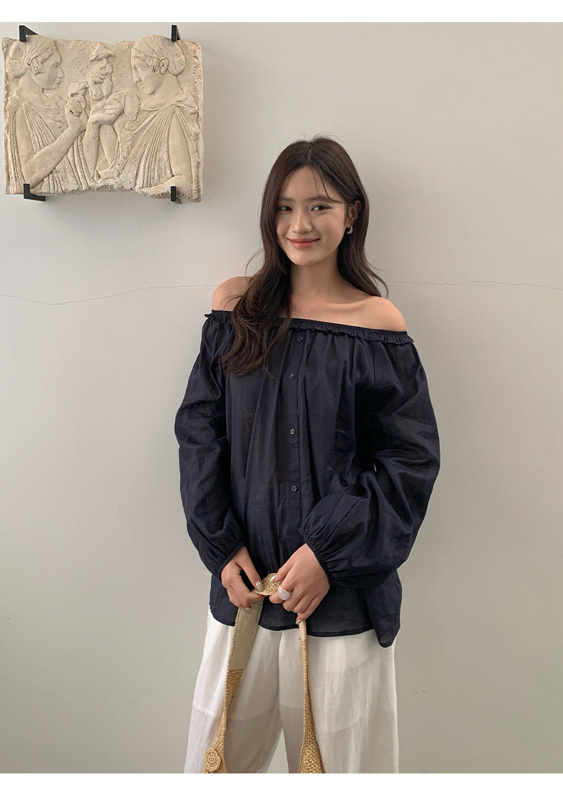 Ramie cotton ruffle leaf edge design shirt