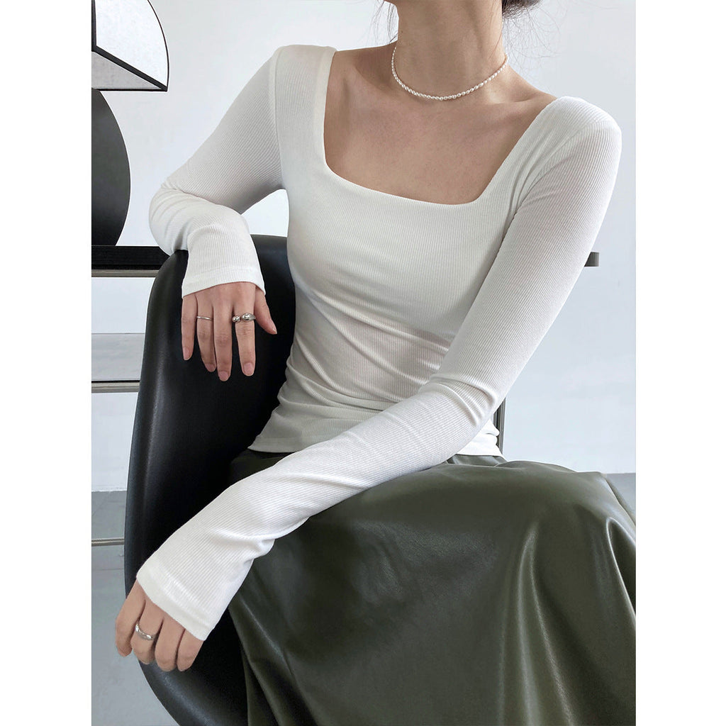Design Sense Long Sleeve Square Neck T-Shirt Women's Slim Skinny Showing Clavicle Low Neck Short Top Bottom Shirt