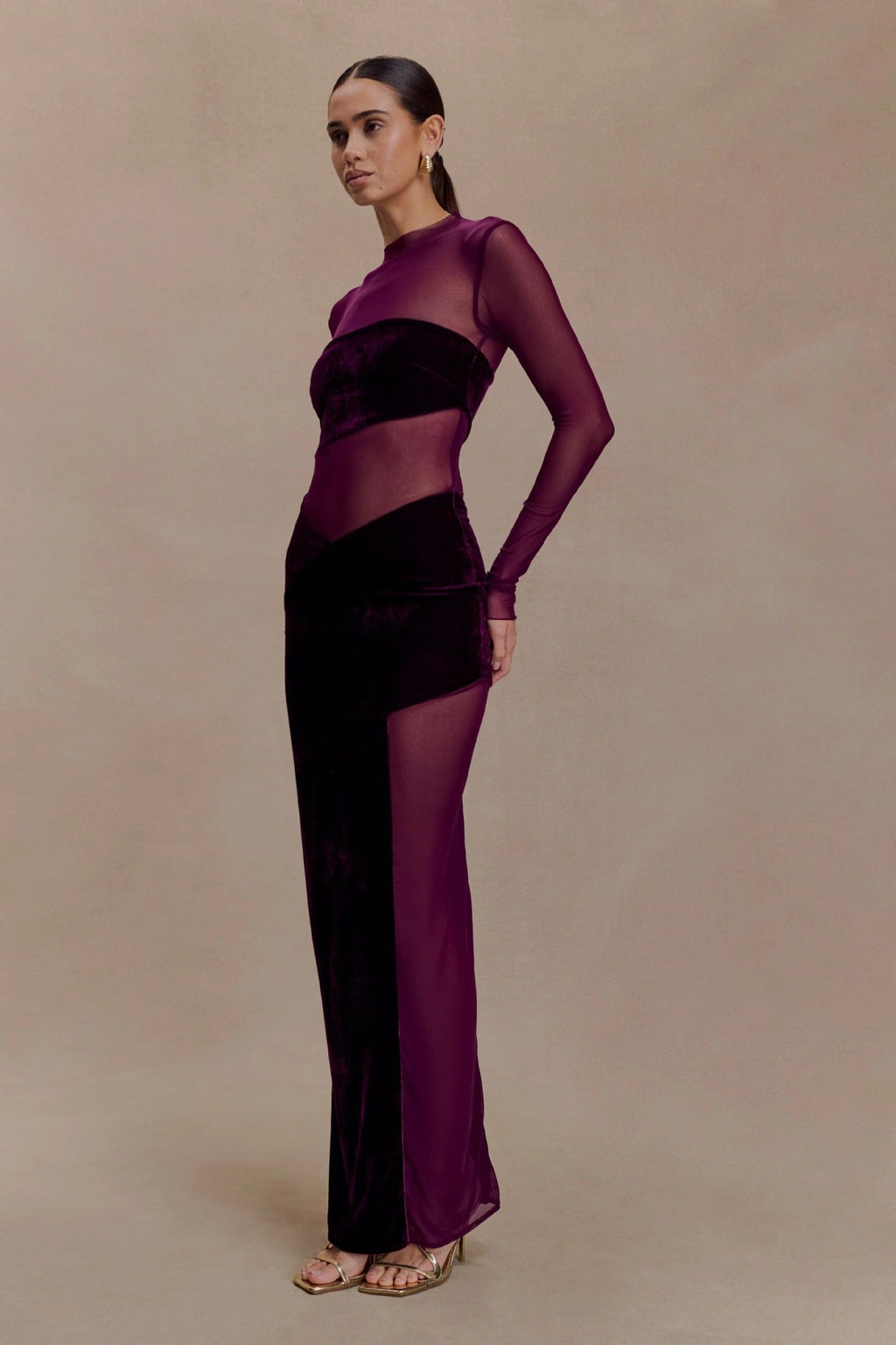 Fashion mesh hollowed-out splicing dress perspective sexy hottie long-sleeved autumn and winter dress