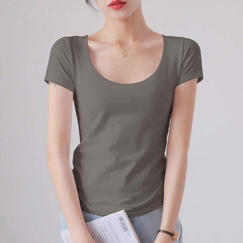 Round Neck Short Sleeve T-Shirt Women Slim Fit Cotton Base Layer Top