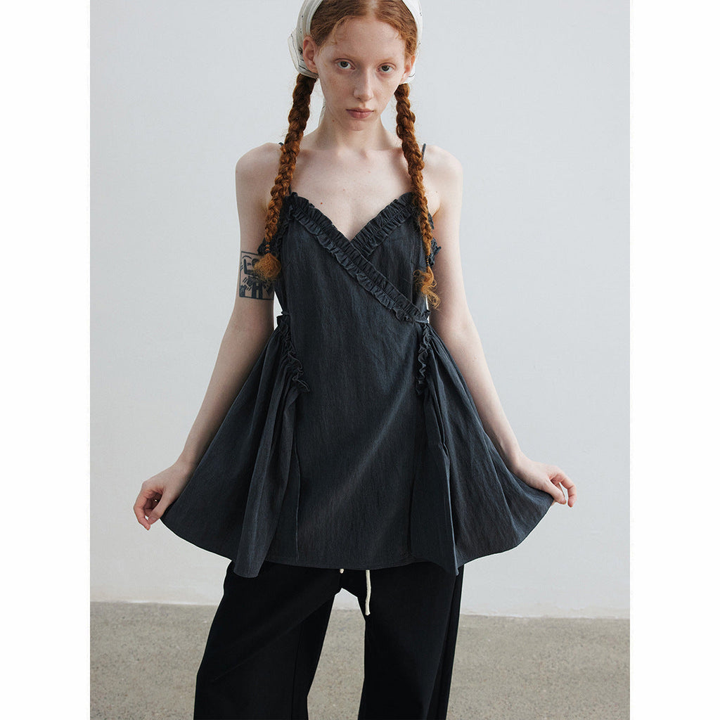 Summer casual solid color fungus edge double root medium and long wrap suspender skirt