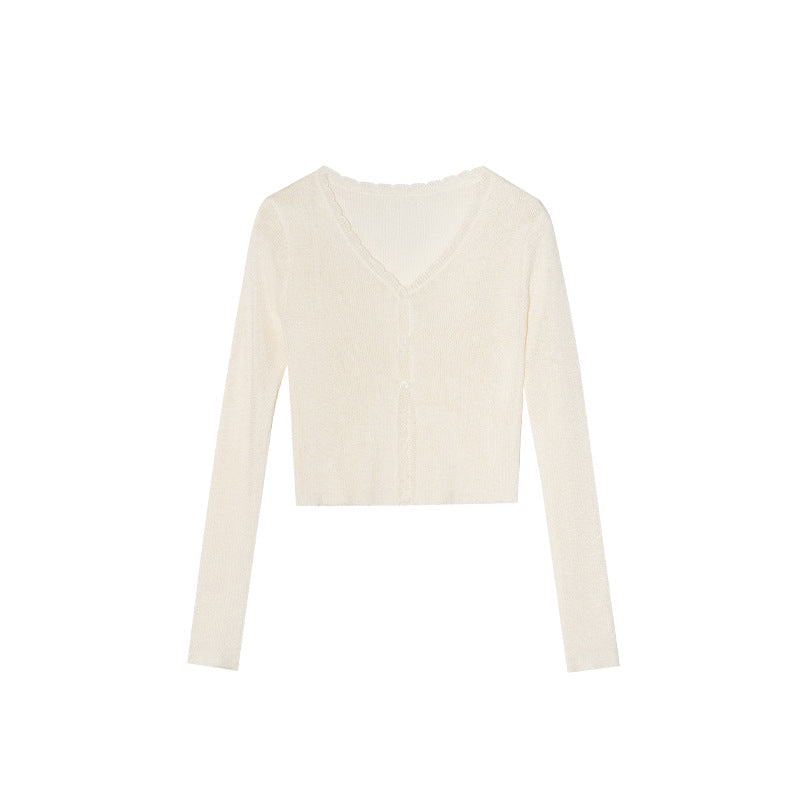 Thin knitted sweater commuter versatile single-breasted v-neck sunscreen shirt