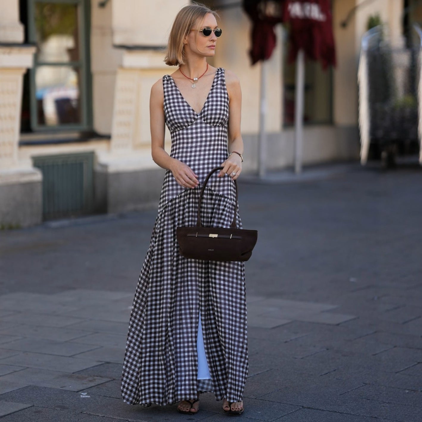 Stylish French plaid print split skirt waist sexy halter dress