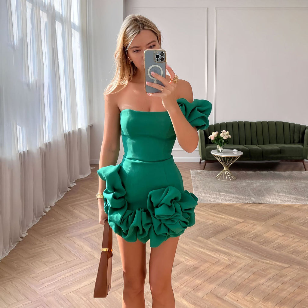 Irregular ruffle edge bud waist dress