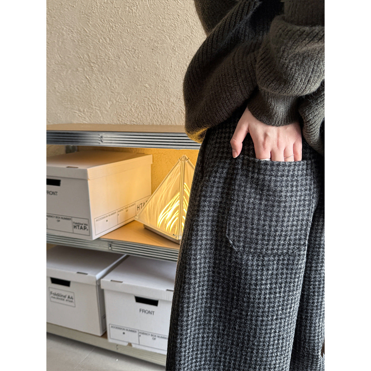 80% wool cropped wide-leg pants for women, vintage plaid wool blend ankle-length trousers, thickened suit pants for winter