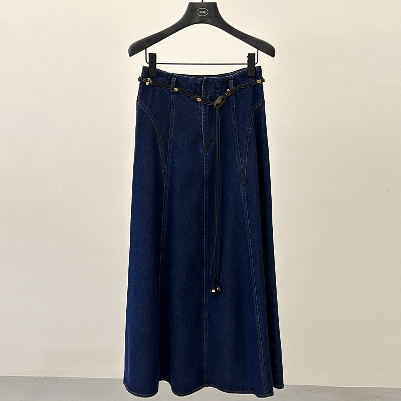 Retro denim skirt a-character spring with waist rope design sense thin big swing dress