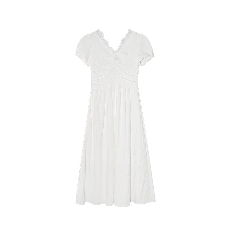 Pure and sweet bubble sleeve waist lace v-neck dress