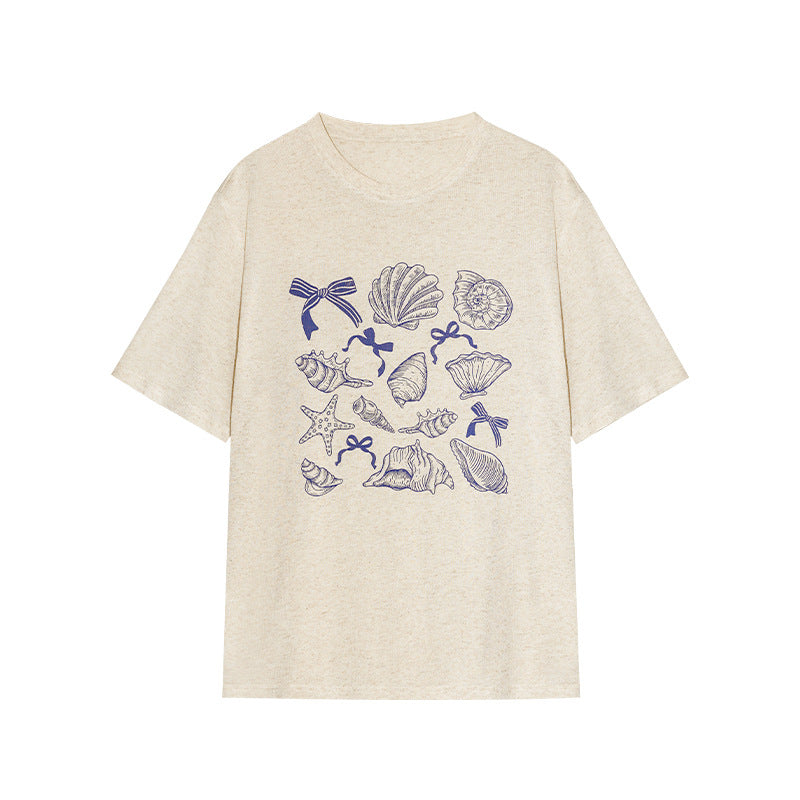 Age-reducing loose linen crew neck dropped shoulder short sleeve print T-shirt