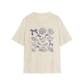 Age-reducing loose linen crew neck dropped shoulder short sleeve print T-shirt