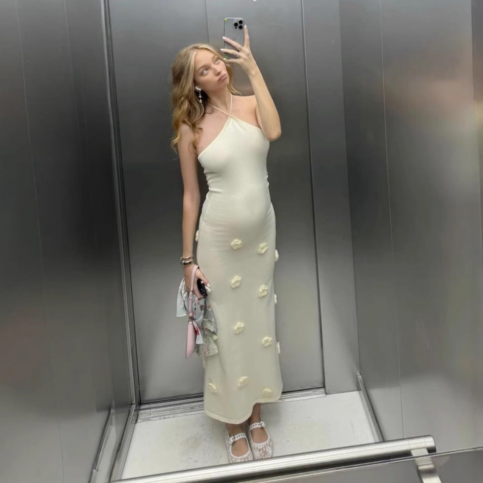 New fashion neck dress three-dimensional flower vacation wind needle hip dress
