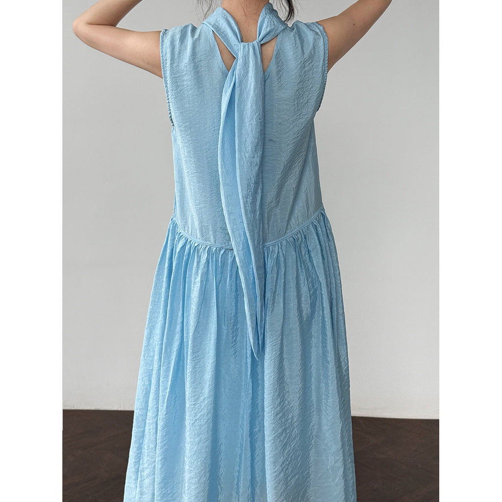 Gentle and sweet wind vest skirt women's summer design sense streamer neckline pure age-reducing dress