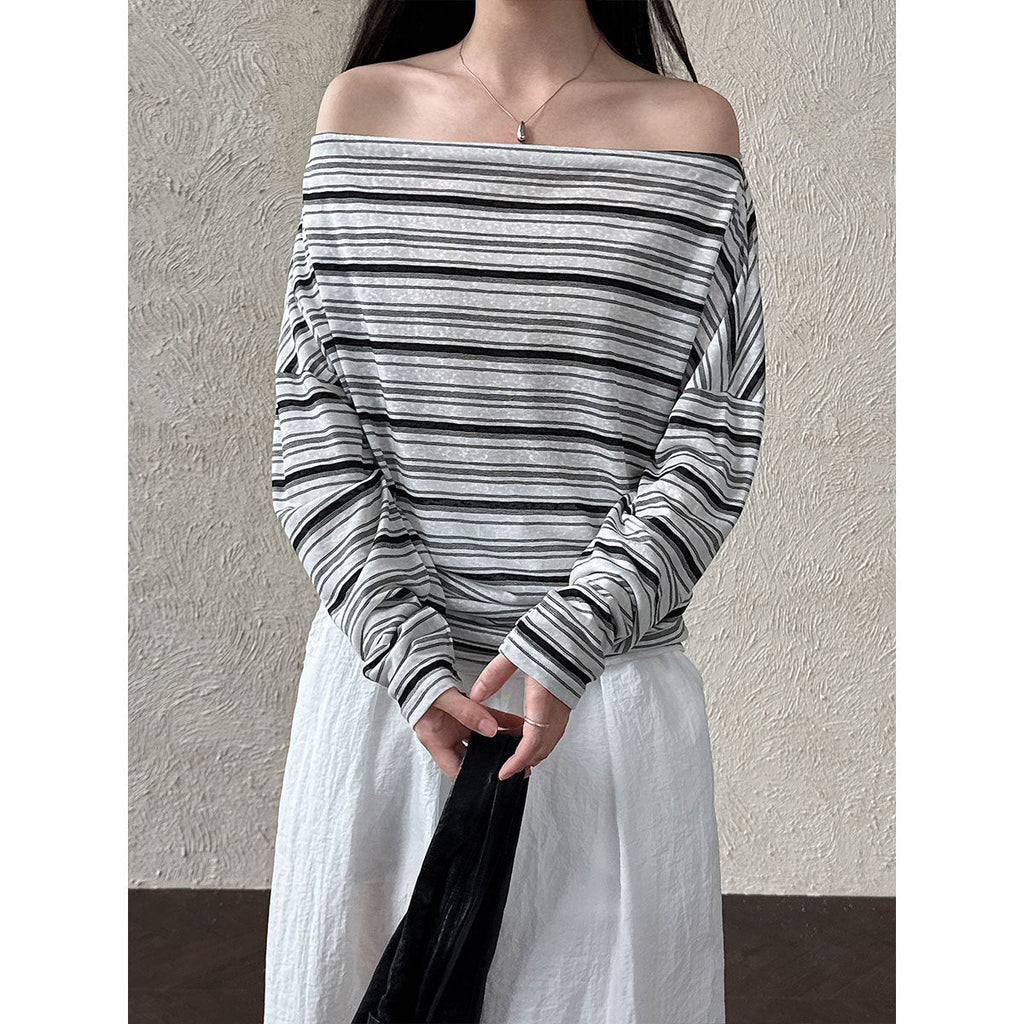 Light and thin sunscreen long-sleeved T-shirt for women~ Korean summer waist and thin one-word collar slanted shoulder striped top