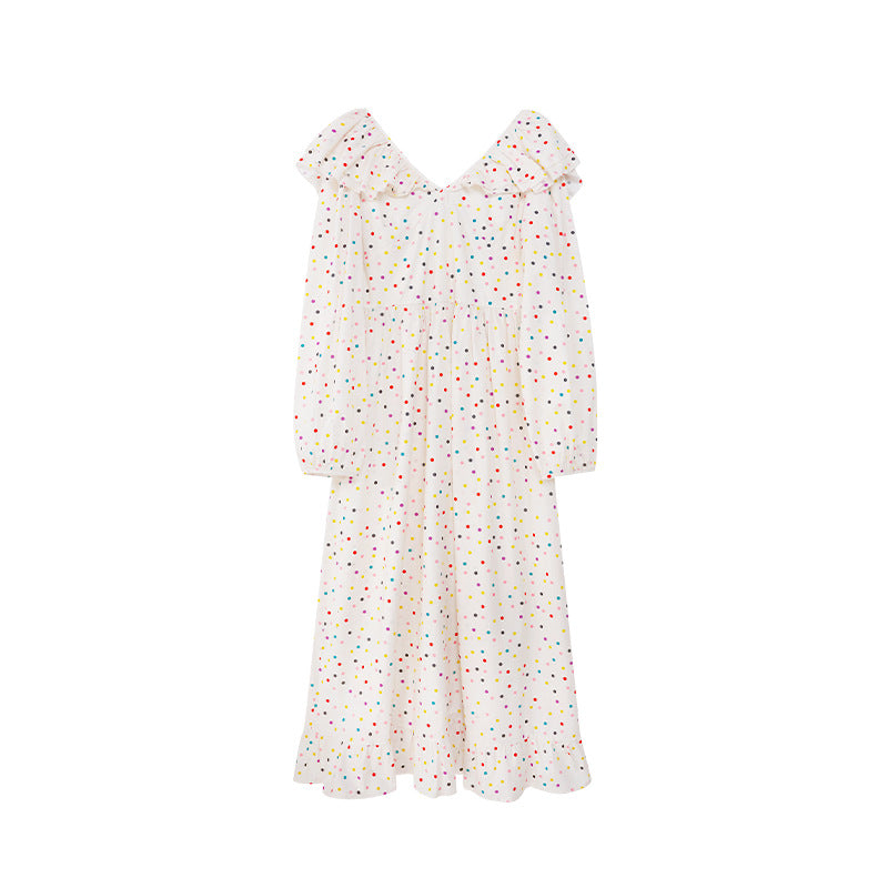 Age-reducing ruffle leaf edge waist polka dot dress