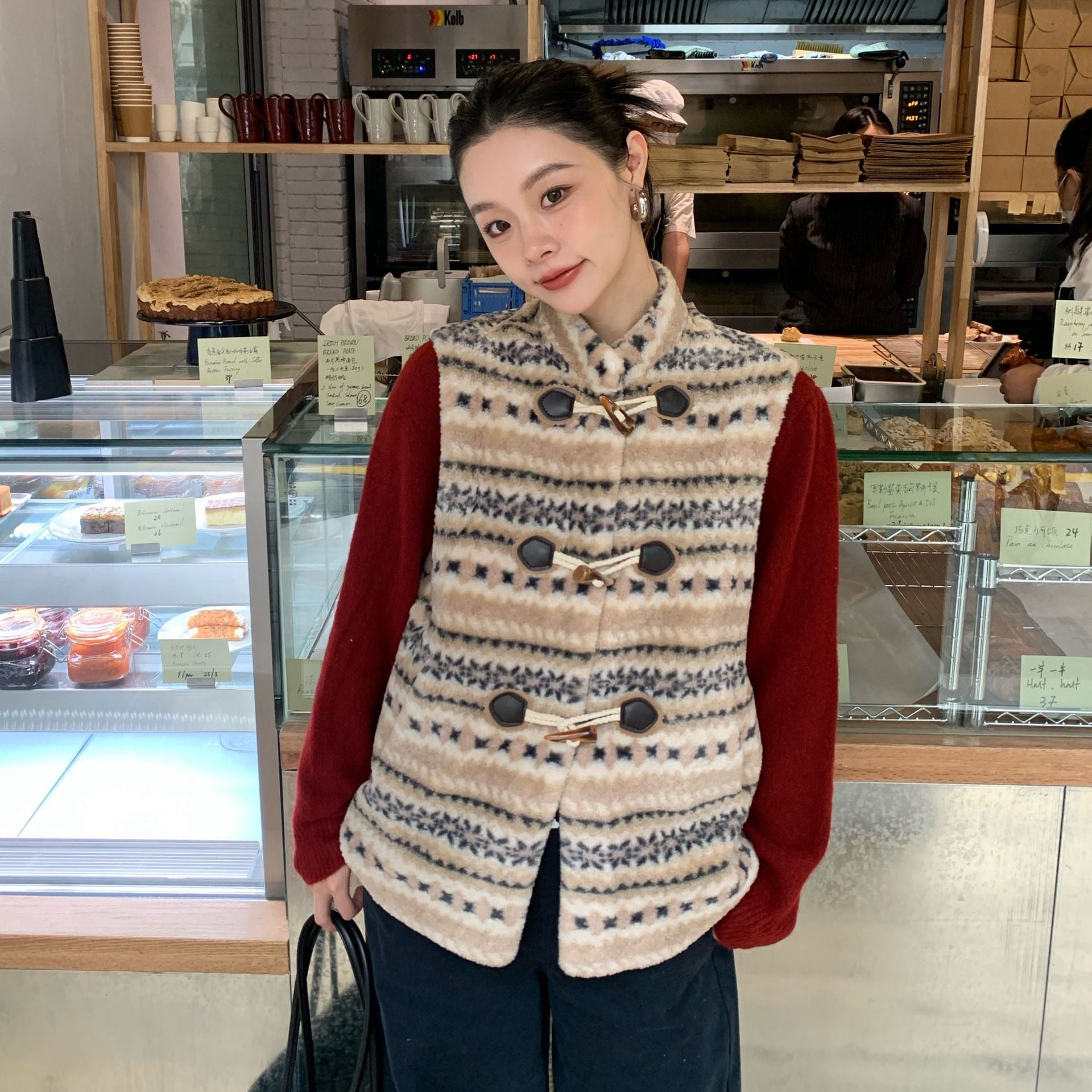 Vintage floral stripes stacked with plush horn buckle vest jacket