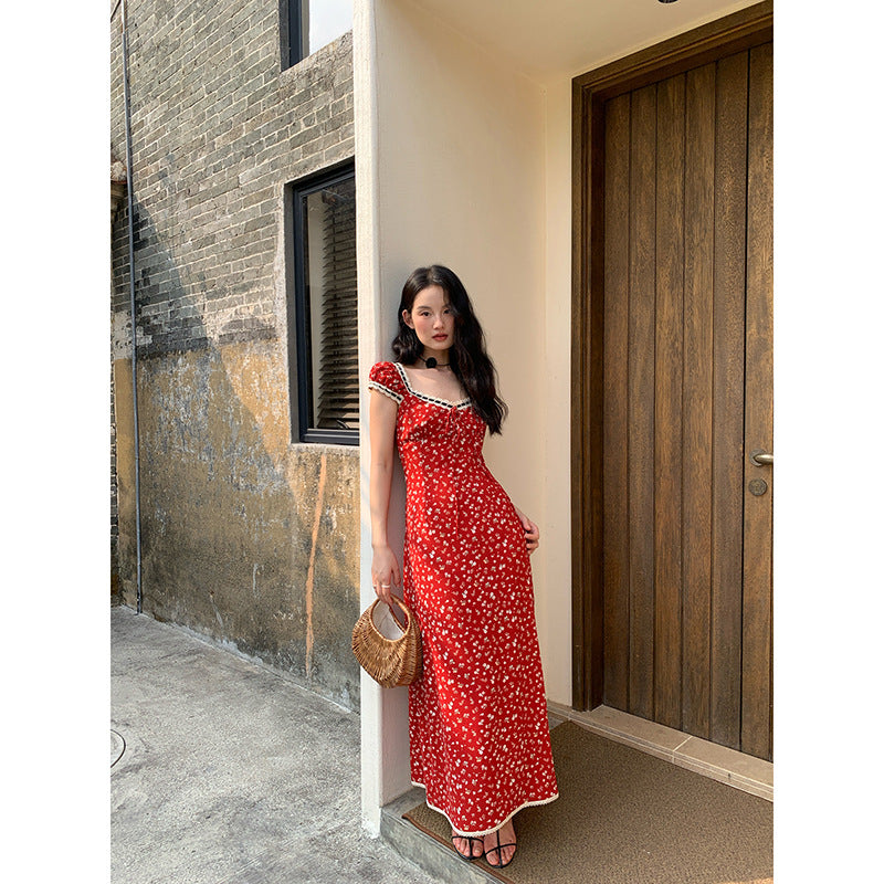 Summer retro Chinese temperament waist short-sleeved floral dress