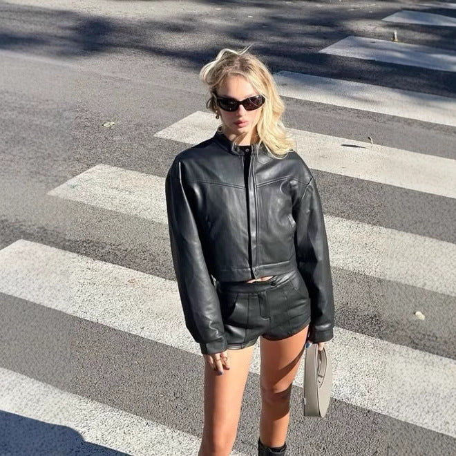 hot girl street style top wind motorcycle leather jacket hip cover shorts suit