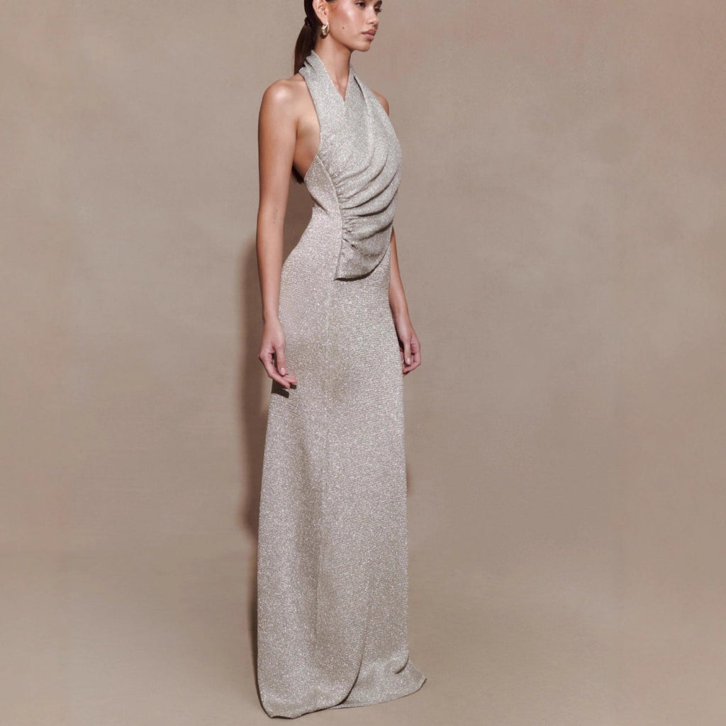 Fashion pleated diagonal neck neck knitted hip skirt backless sexy dress