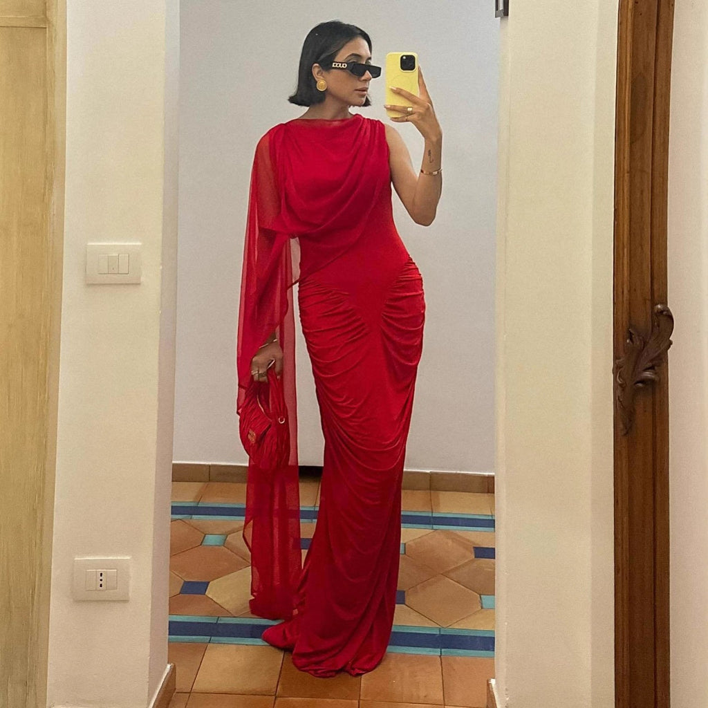 Fashion shawl mesh sexy slim fit pleated resort style dress
