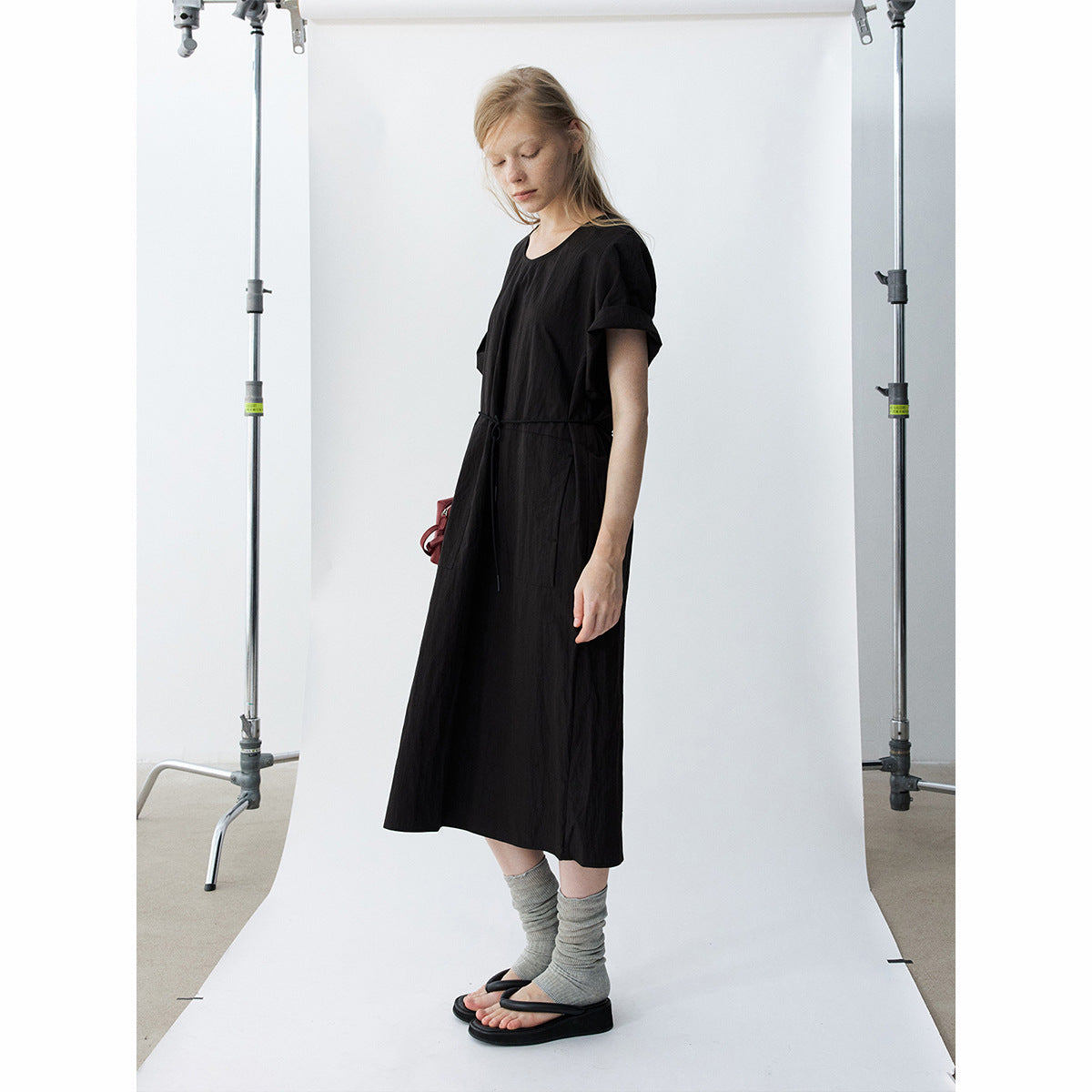 U-neck neck moonlight short-sleeved cotton brocade long lace-up dress