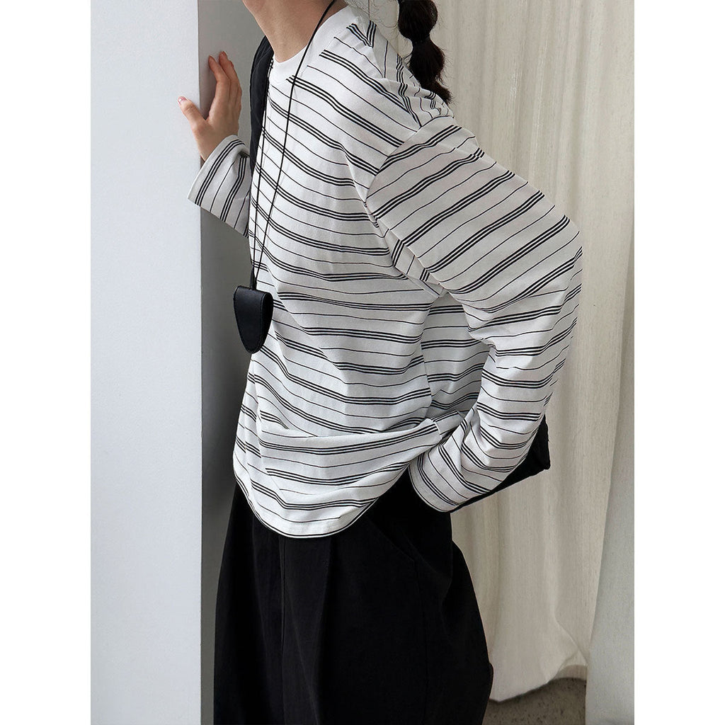 Retro contrasting stripes loose simple long-sleeved T-shirt women's autumn new crew neck bottoming shirt top