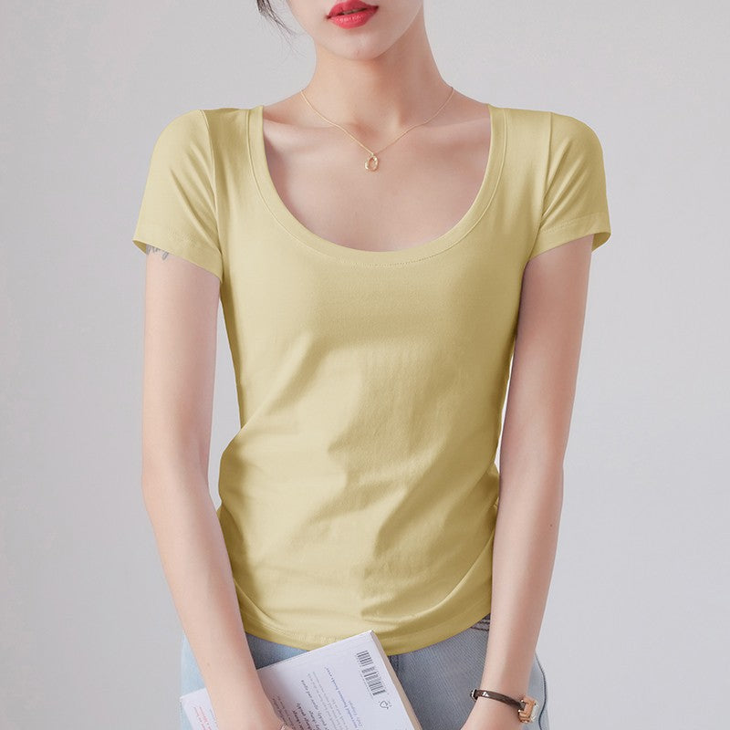 Round Neck Short Sleeve T-Shirt Women Slim Fit Cotton Base Layer Top