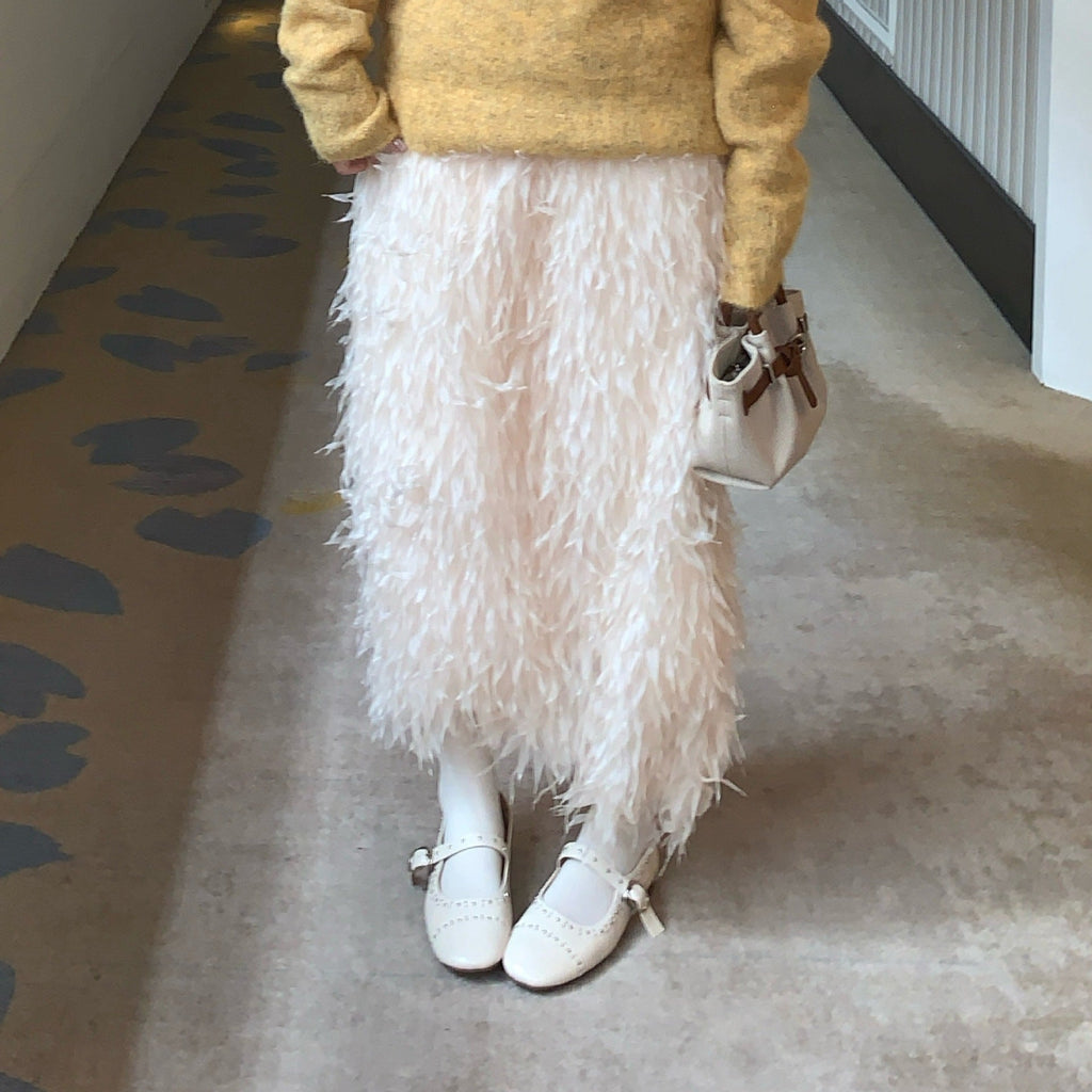 French gentle fairy skirt straight thin feather fringed skirt