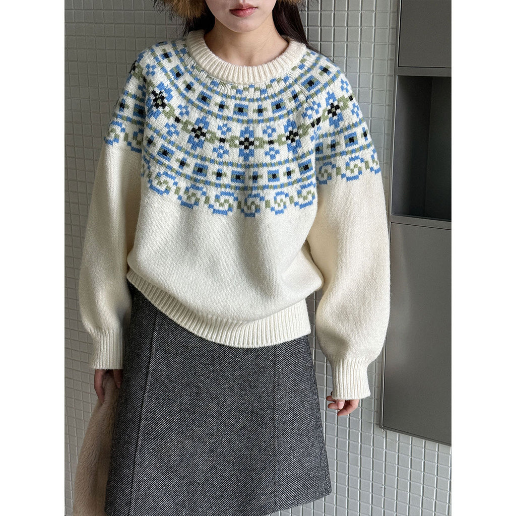 Vintage Fair Island Jacquard Sweater Women's Autumn and Winter New Lazy Christmas Loose Knitted Sweater Top