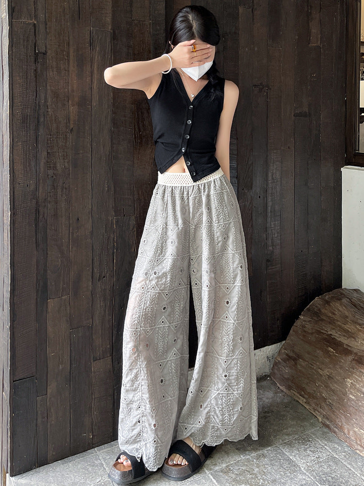 Thin heavy industry embroidered hook-cut hollow lace nine-point straight-leg pants