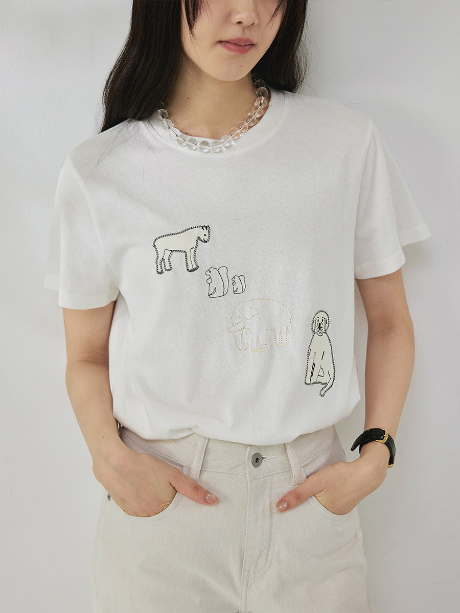 Patch cloth craft embroidery soft skin-friendly round neck short-sleeved loose T-shirt