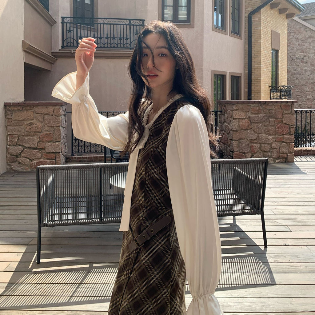 Temperament plaid leather buckle strap fake two-piece dress