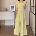U-Neck Cotton Linen Dress Women Puff Sleeve Mid-Waist Long Skirt