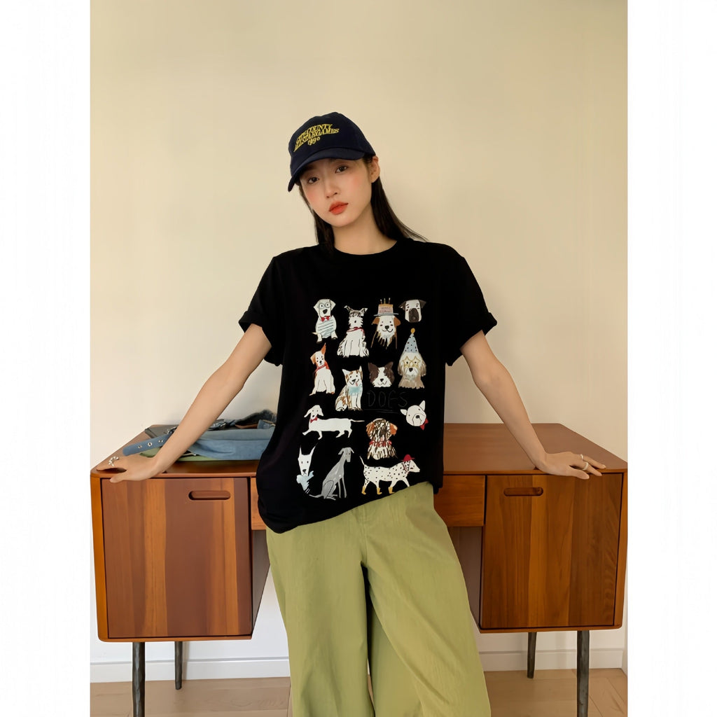 Cartoon printing loose Korean version of round neck girls short sleeves