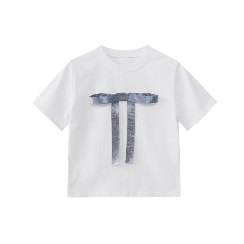 Early spring French slimming versatile slim bow short-sleeved T-shirt