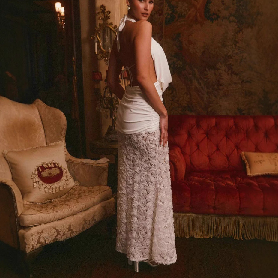 New fashionable and sexy backless European and American dress ins style three-dimensional flower suspender long dress dress