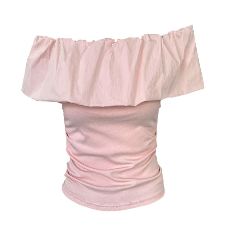 Fresh and sweet temperament ruffle leaf edge shoulder short-sleeved t-shirt women's summer new off-the-shoulder thin top
