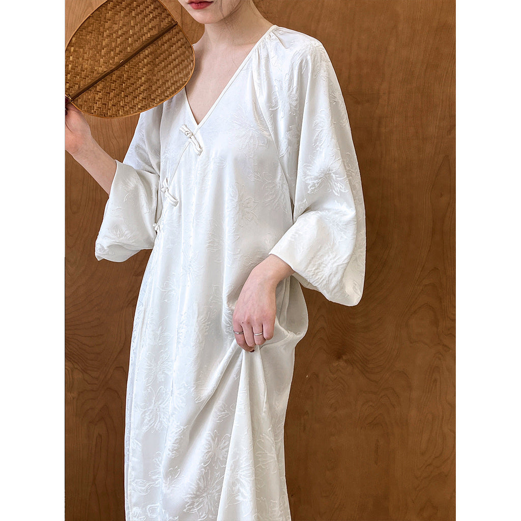 Button national style new Chinese dress medium and long knee lazy improved cheongsam jacquard skirt