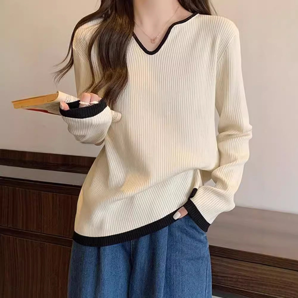 Color Block Long Sleeve T-Shirt Women Loose Fit V-Neck Mid-Length Top