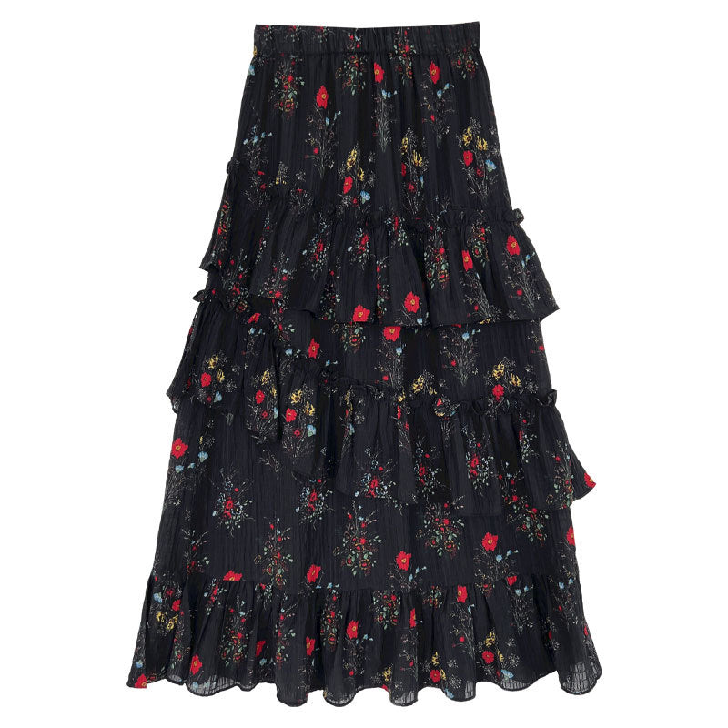 French romantic split cake skirt women's summer new fluffy pleated floral skirt long dress