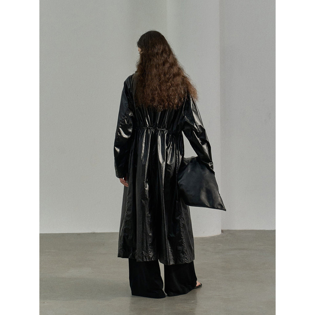 Autumn new commuter waterproof PU coated drawstring dark four-in-one buckle waist trench coat