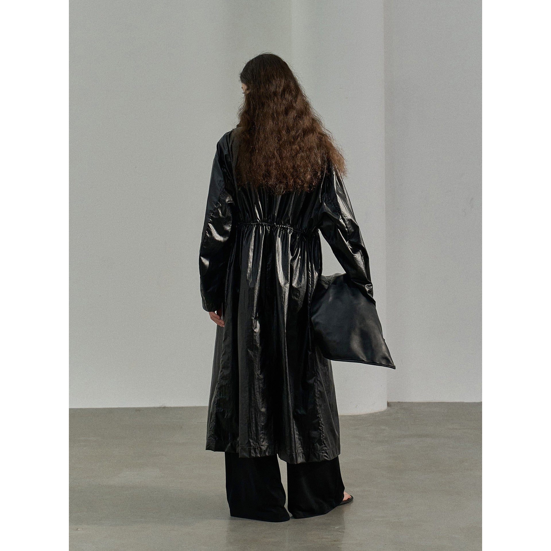 Autumn new commuter waterproof PU coated drawstring dark four-in-one buckle waist trench coat