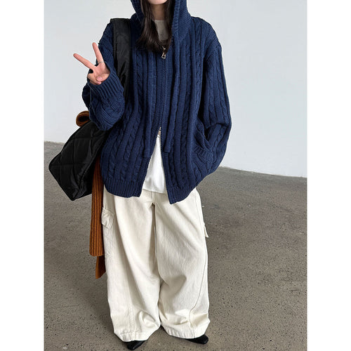 American retro cable knit hooded double zipper sweater cardigan for women - thick chunky knit fall/winter outerwear