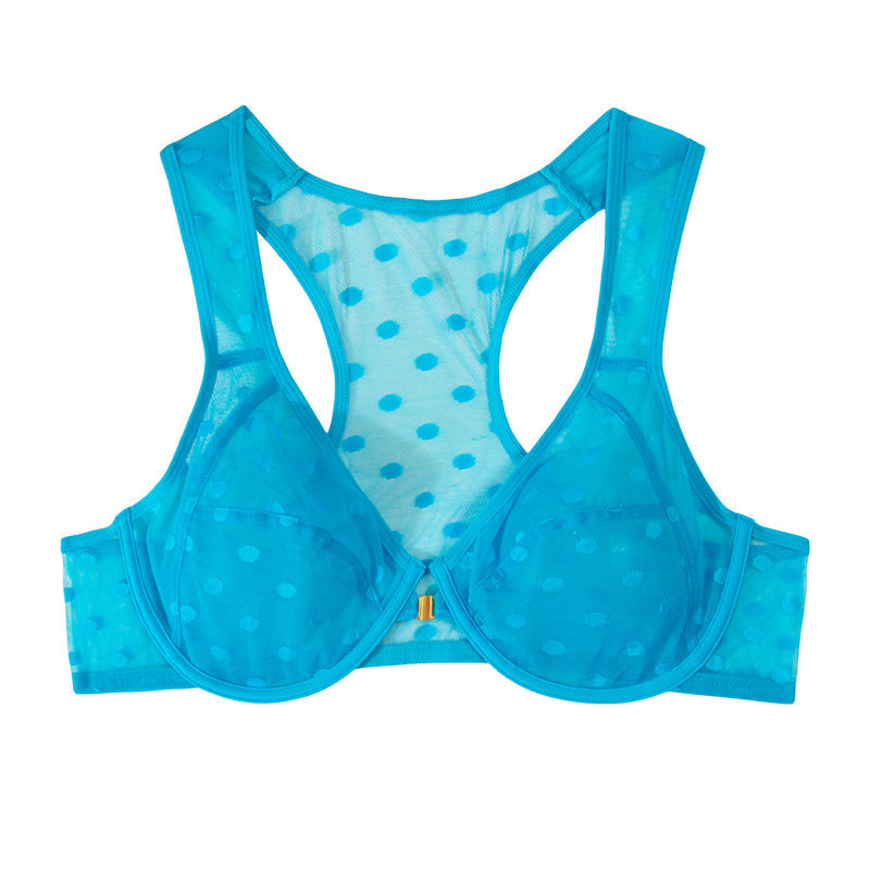 Sexy large size underwear French front buckle gathered breathable big chest small ultra-thin printed mesh bra