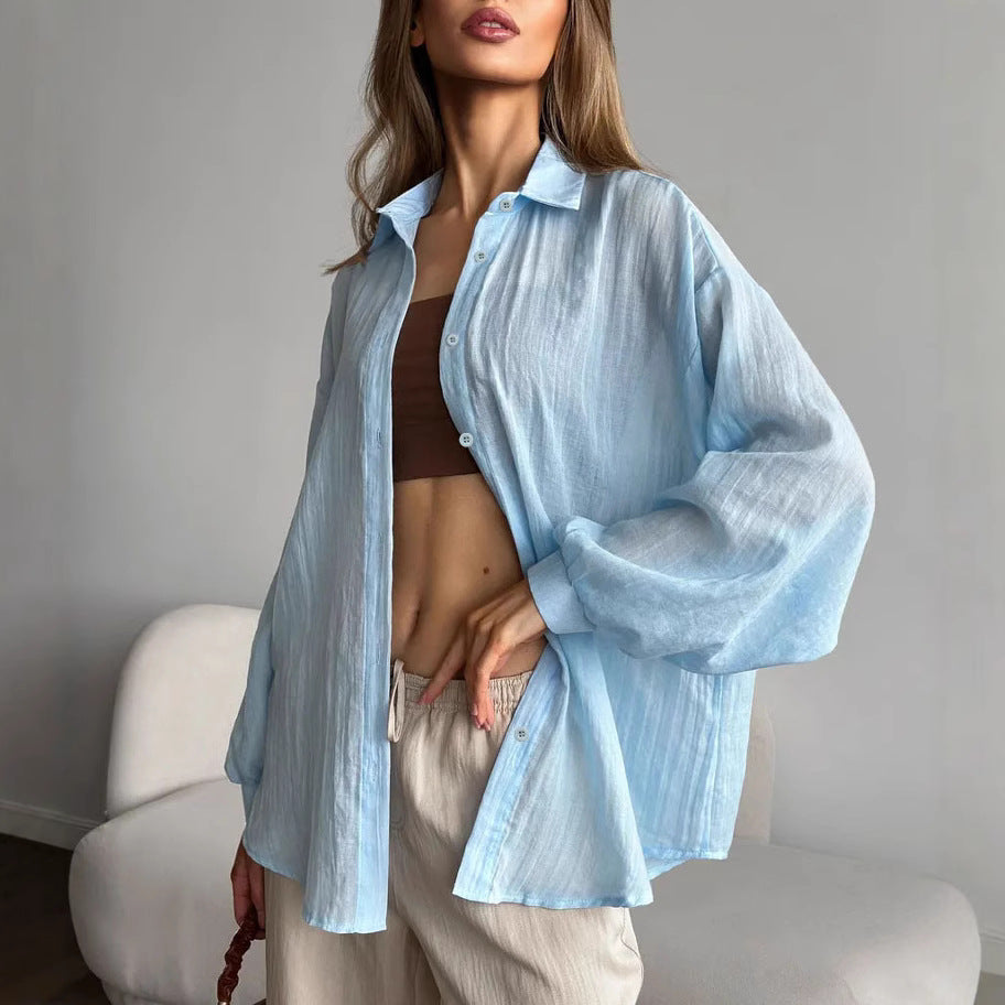 Lapel Long Sleeve Shirt Women Loose Fit Button-Front Blouse